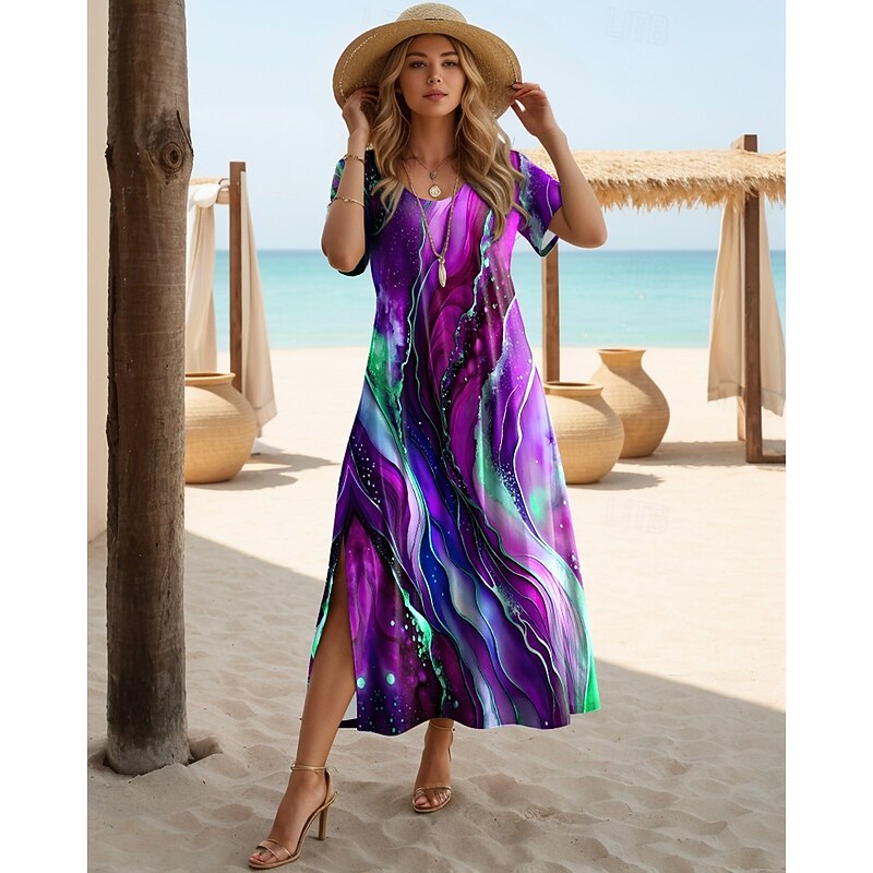 Women's Midi Dress Sundress A Line Dress Vacation Casual Beach Going out Regular Fit Ombre Graphic Geometric Short Sleeve Crewneck Purple Green Summer2