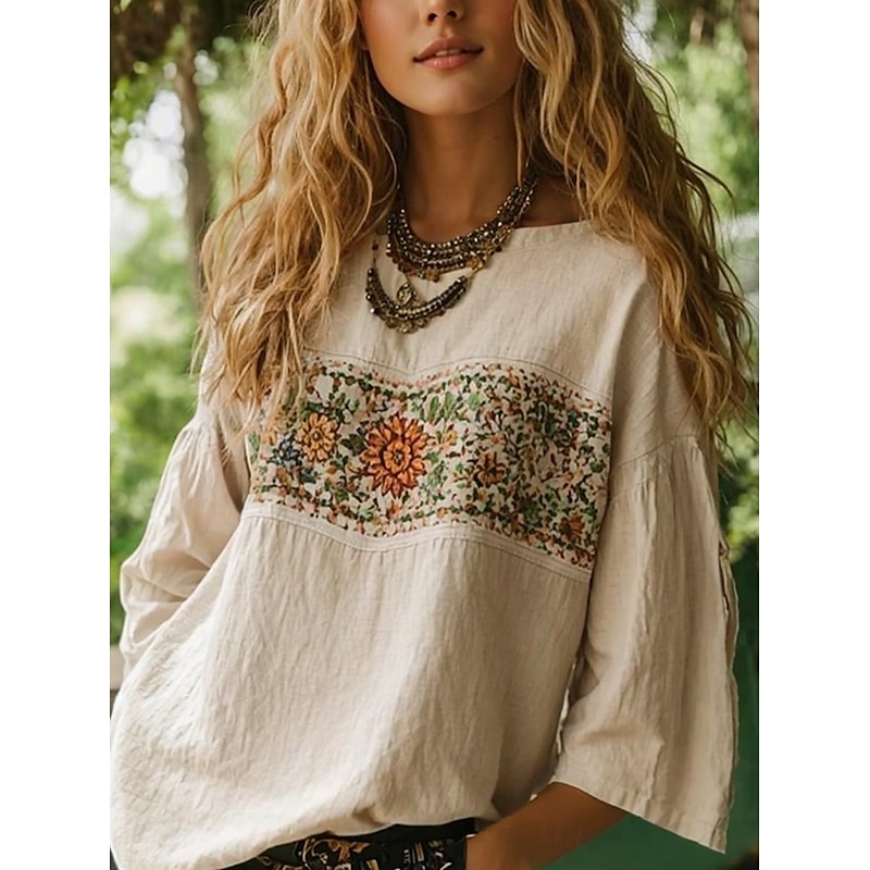 Women's Blouse Long Sleeve Floral Graphic Bohemia Daily Ethnic 3/4 Length Sleeve Crew Neck Boat Neck Regular Tops Daily Holiday Vacation Wear Print Black Red Orange Beige Summer Spring2