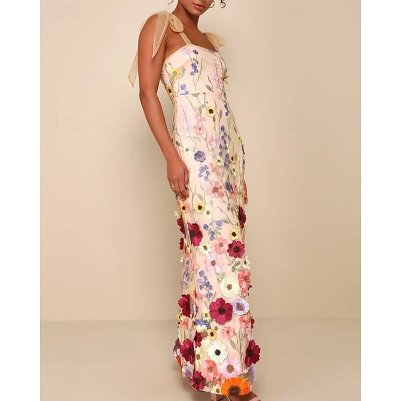 Sheath / Column Prom Dresses Floral Embroidered Lace Dress Prom Floor Length Sleeveless Square Neck with Bows2