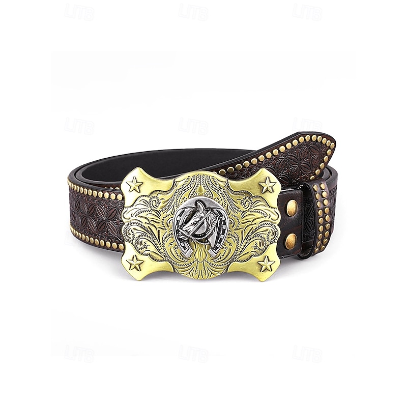 Men's Western Style Leather Belt with Eagle Buckle – Vintage Embossed Design with Rivets, Ideal for Casual and Country Wear