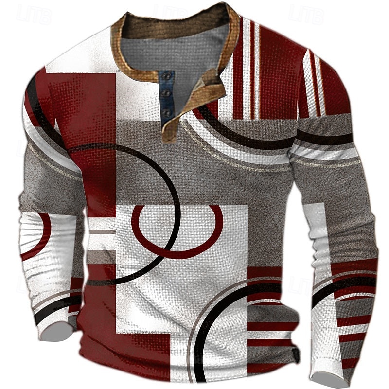 Men's Graphic Color Block Geometic Waffle Henley Shirt Casual Style Classic Style Long Sleeve 3D Print Fashion Designer Basic Outdoor Daily Spring &  Fall Red Blue Brown Gray Henley Henley T-Shirt2