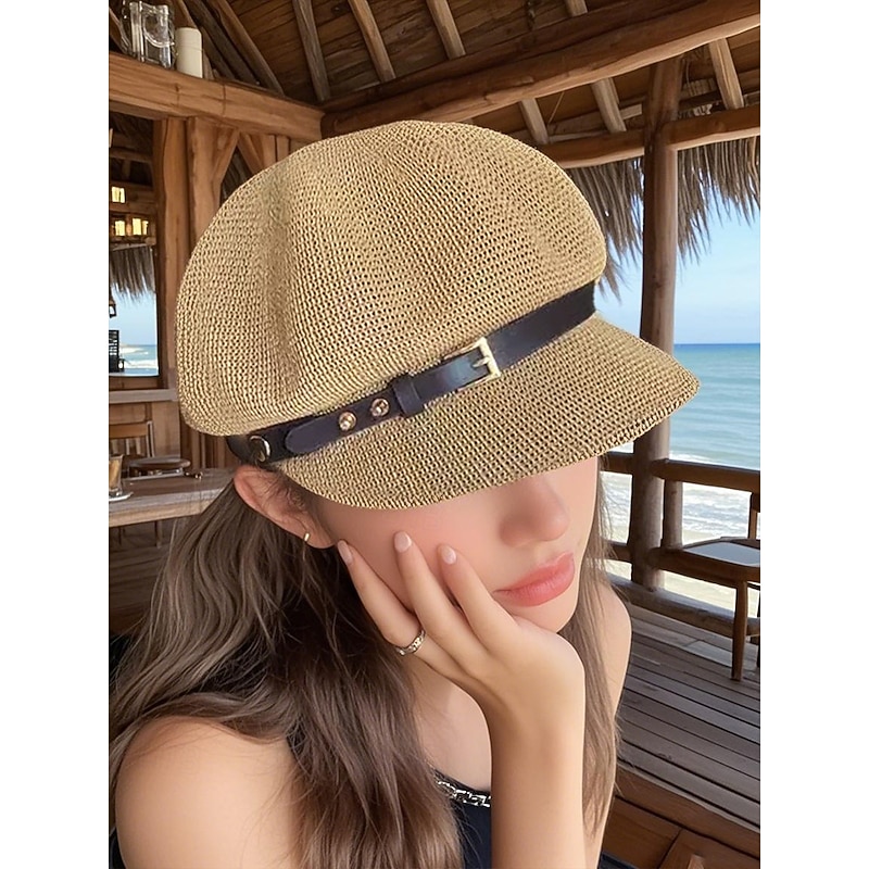 Women's Breathable Straw Newsboy Cap – Lightweight Summer Beach Hat with Faux Leather Buckle for Casual Travel & Sun Protection2