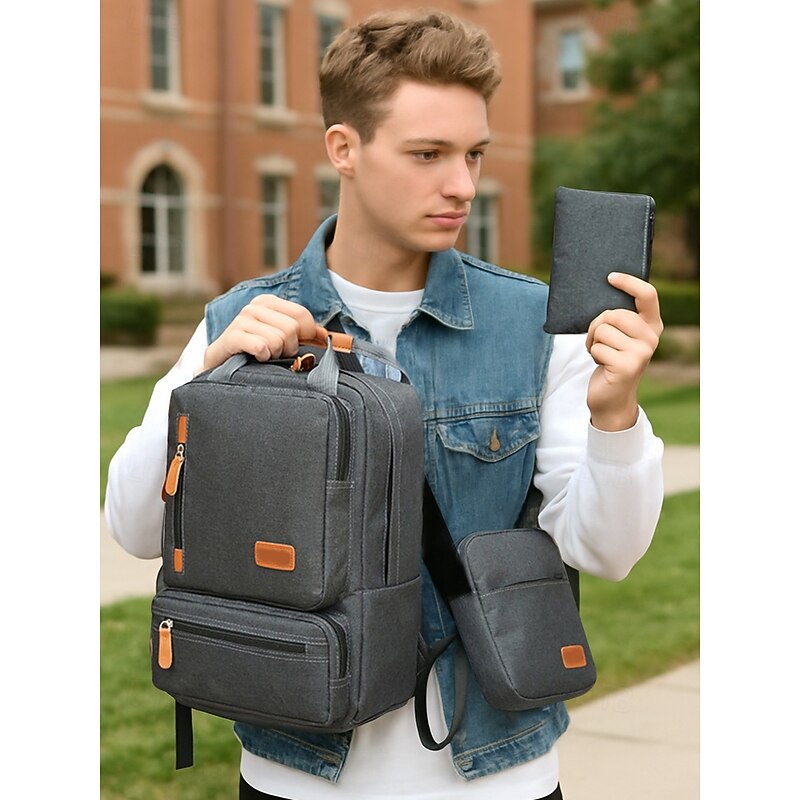 Men's Large Capacity Multi-Pocket Backpack Set, Including Crossbody Bag and Coin Purse, with Adjustable Shoulder Strap,  Multi-Pocket Design - Stylish and Practical for School, Travel or Daily Use2