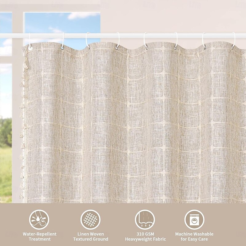Boho Farmhouse Shower Curtain Set 180cm*180cm(70"*70"), Modern Cotton Linen Fabric Cloth Shower Curtains for Neutral Country Bathroom Decor, Tan Brown Bohemian Rustic2