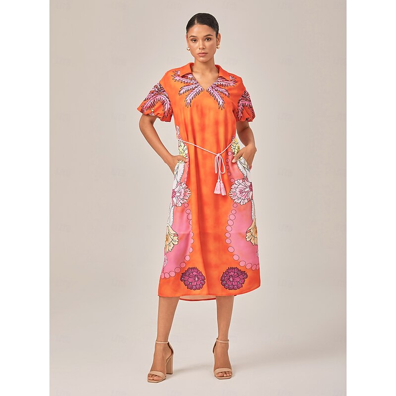 Vacation Style Orange Placement Floral Maxi Dress