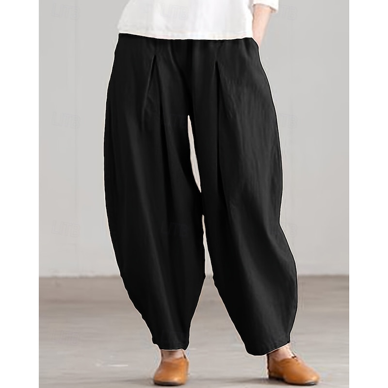 Women's Cotton Linen Pants Harem Pants Fashion Streetwear Comfort Full Length Mid Waist Plain Pocket Elastic Waist Comfy Outdoor Comfortable Street Daily Wear Going out Apricot Black Summer Spring3