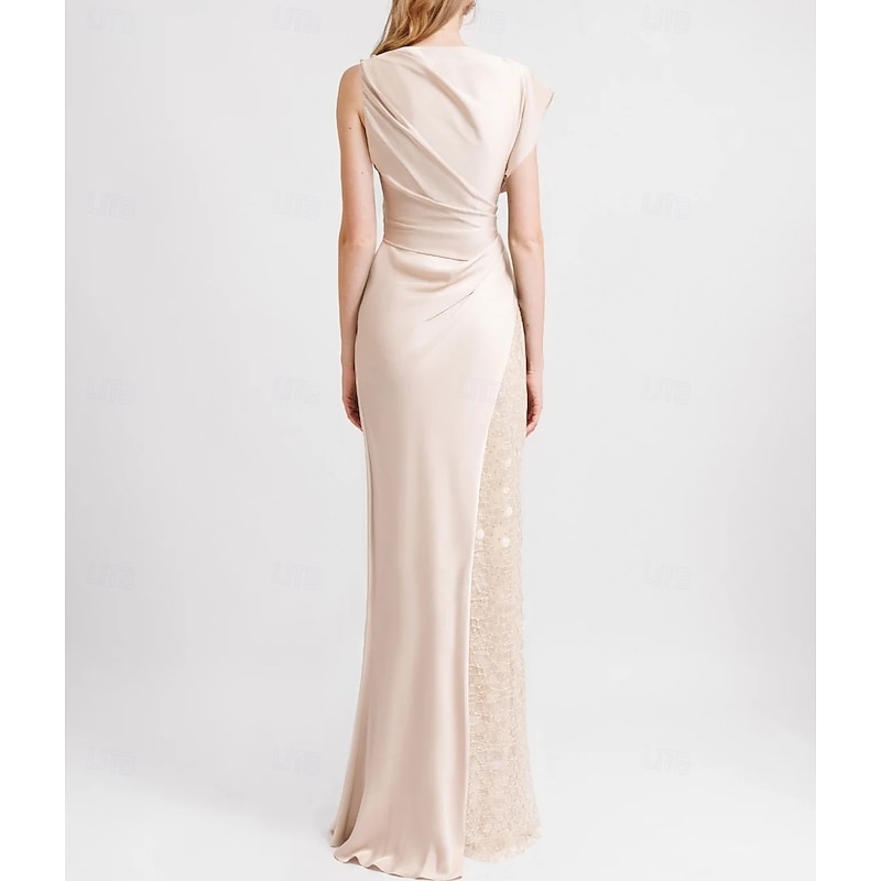 A-Line Evening Gown Elegant Dress Formal Floor Length Sleeveless Crew Neck Pocket Italy Satin with Glitter Ruched3