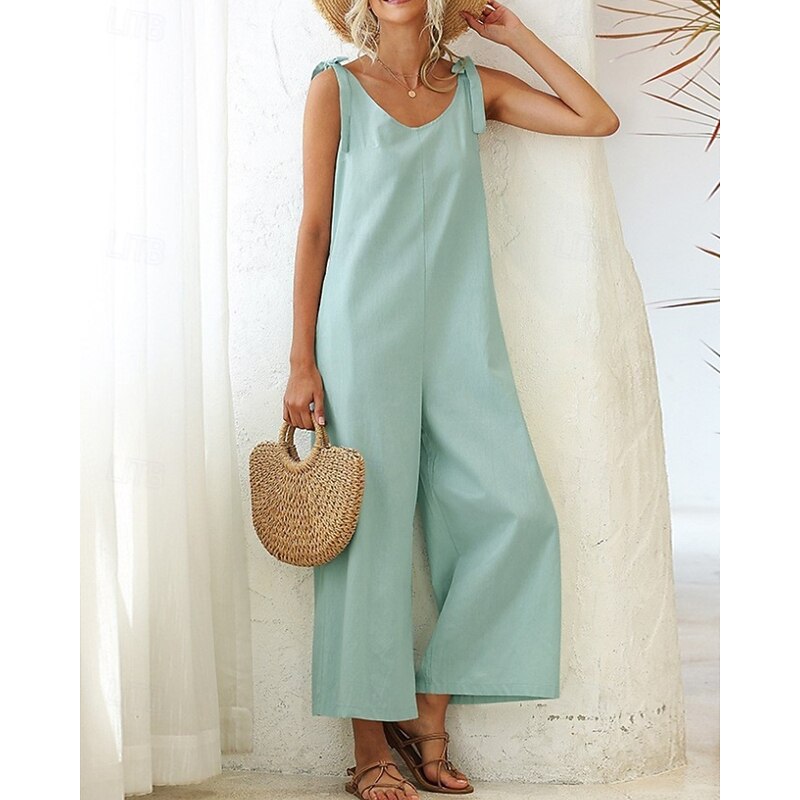 Women's Normal Dungarees Jumpsuit Streetwear Solid Color Sleeveless V Neck Backless Pocket Street Daily Regular Fit Black White Light Green Summer