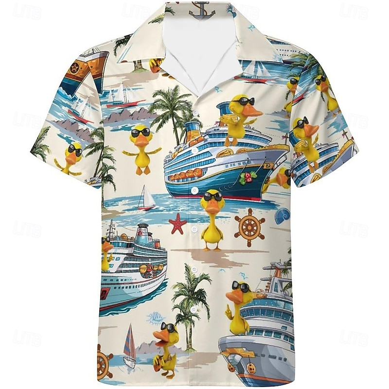 Men's Funny Duck Cruise Ship Shirt Cuban Collar Shirt Summer Hawaiian Shirt Short Sleeve Hawaiian Vacation Holiday Beach Wear Summer Spring Grandad Collar Standing Collar Camp Collar Shirt 3D Print