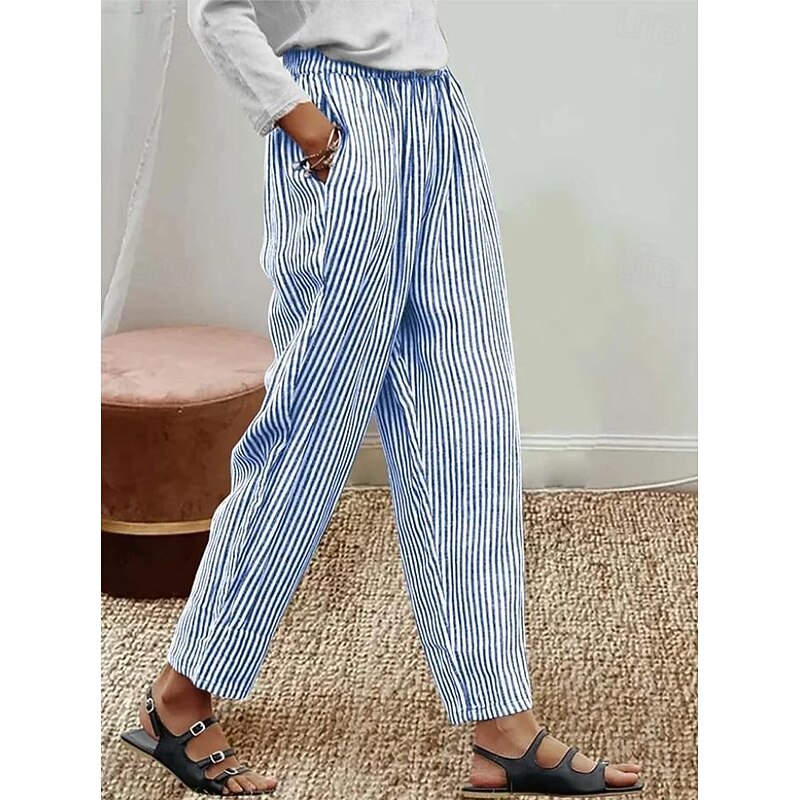 Women's Cotton Linen Pants Baggy Pants Linen Like Vacation Vintage Hawaiian Full Length High Waist Graphic Striped Printing Thermal Warm Breathable Soft Micro-elastic Vacation Daily Going out2