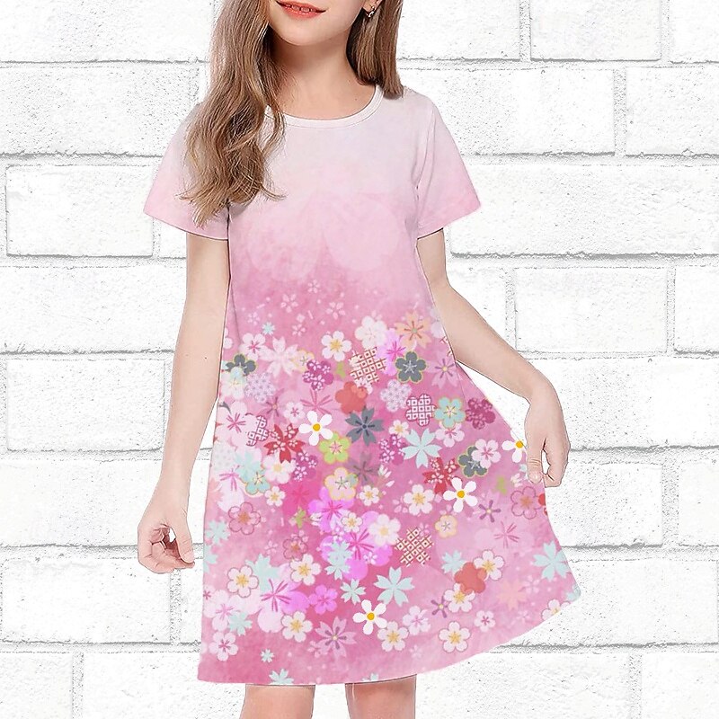Girls' 3D Floral Dress Short Sleeve Summer Spring Vacation Daily Holiday Princess Beautiful Sweet Kids 4-12 Years Casual Dress Knee-length Regular Fit2