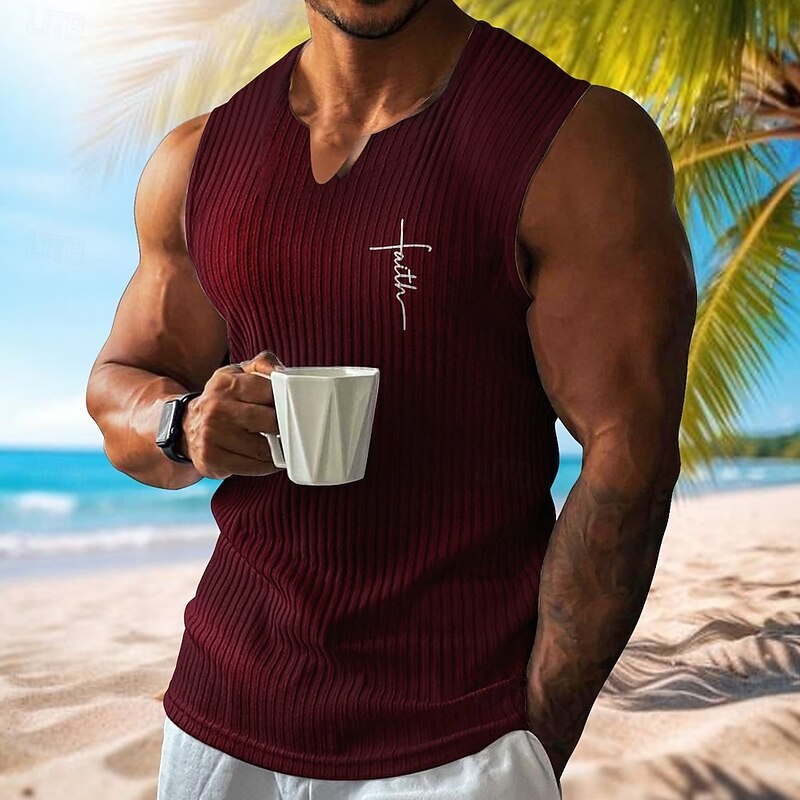 Men's Vest Top Undershirt Sleeveless Shirt Sleeveless V Neck Spring & Summer Pattern Fashion Designer Vacation Street Going out White Wine Dark Gray Top Tee for Men2