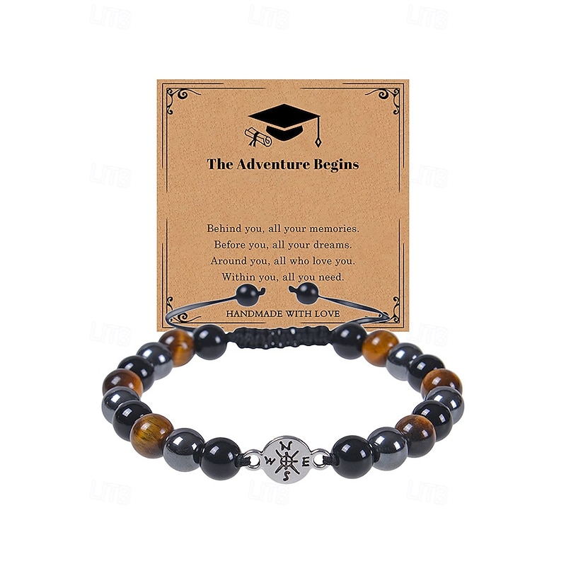 Men's Tiger Eye and Black Matte Beaded Bracelet with Compass Charm – Natural Stone Stretch Bracelet for Travel, Adventure, Birthday or Graduation Gift