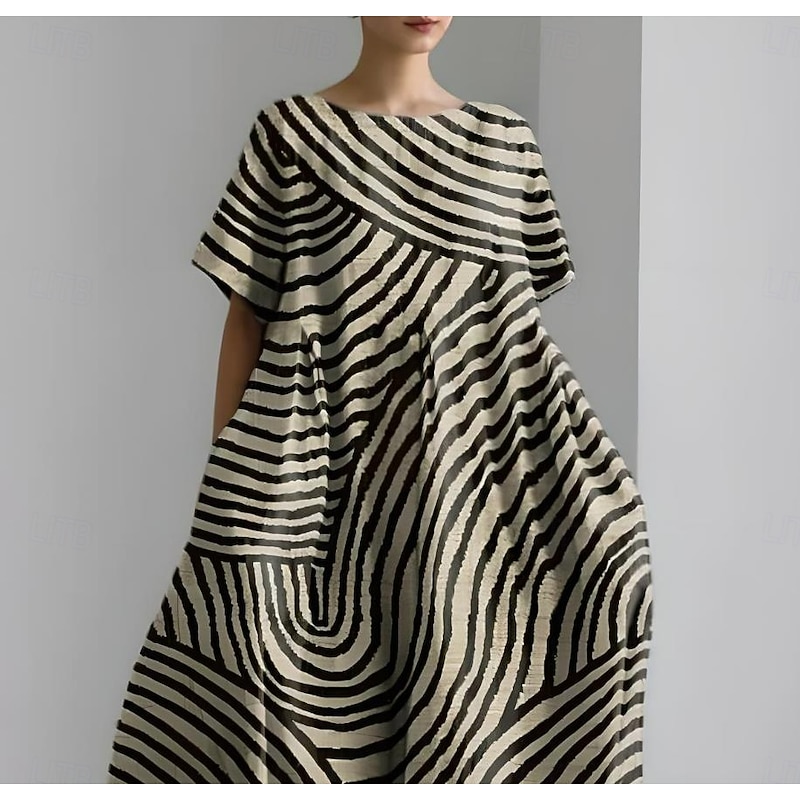 Women's Maxi Dress Sundress A Line Dress Summer Dress Vacation Casual Beach Daily Holiday Going out Loose Fit Graphic Geometric Linen Like Short Sleeve Crew Neck Boat Neck Dark Brown Light Brown2