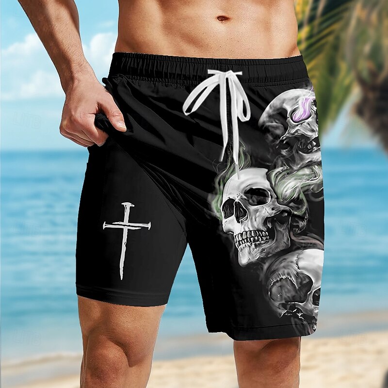 Men's Skull Cross Halloween Costumes Lined Shorts 2 in 1 Board Shorts Swim Shorts Mid Waist Hawaiian Casual Vacation Holiday Beach Wear Side Pockets With Compression Liner Elastic Drawstring Waist