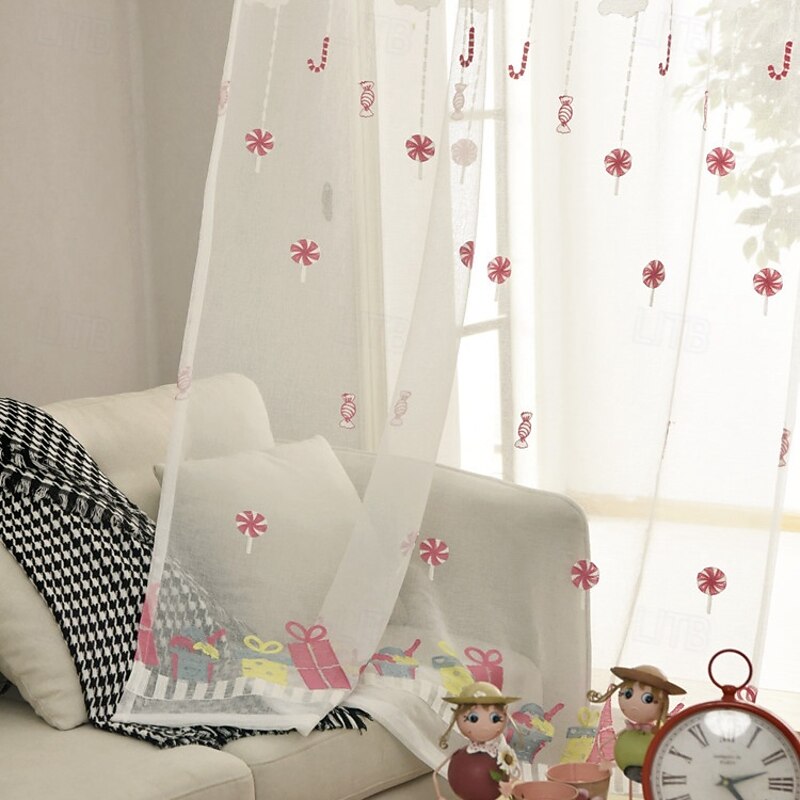 2Pcs Cartoon Anime Style High-End Embroidered Window Screen Living Room Bedroom Dining Room Study Semi Transparent Curtains2