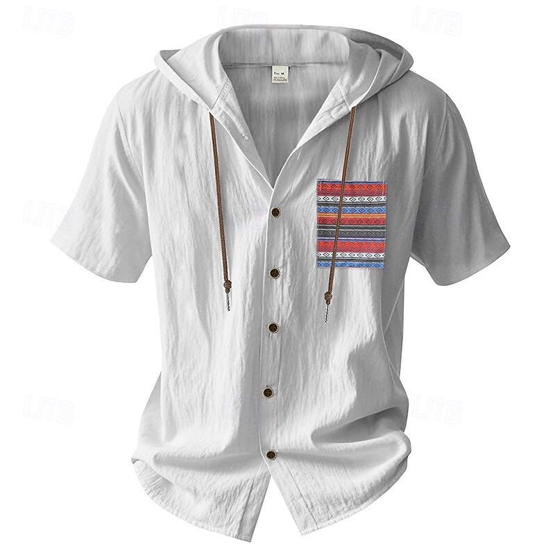 Men's Shirt Linen Shirt Summer Shirt Beach Wear Button Up Shirt Solid Color Vacation Street Black White Navy Blue Sky Blue Short Sleeves Hooded Summer Spring Clothing Apparel Patchwork2