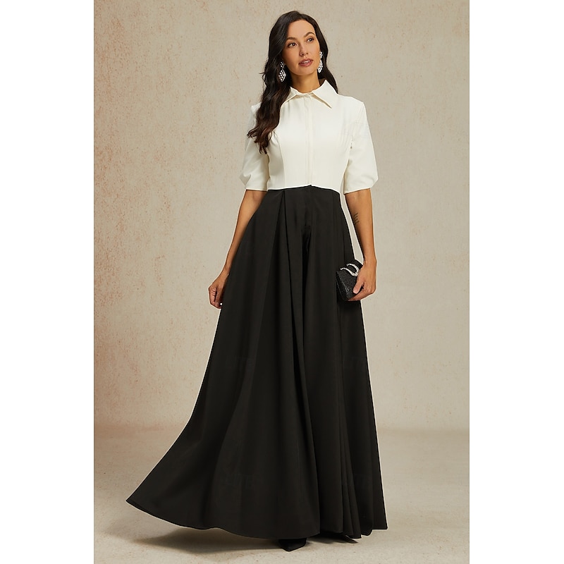 A-Line Mother of the Bride Dress Elegant Party Shirt Collar Floor Length Taffeta Short Sleeve with Bow(s) Color Block4