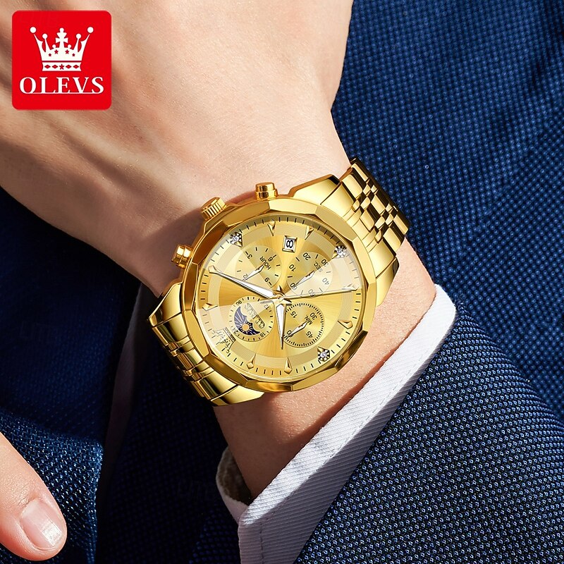 OLEVS 3673 Men's Watches Rhombus Dial Moon Phase Hand Clock Solid Stainless steel Waterproof Date Wristwatch3
