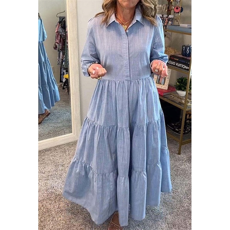 Women's Long Dress Maxi Dress Cotton Linen Dresses Shirt Dress Casual Dress Skater Dress Fashion Basic Modern Daily Weekend Regular Fit Plain Long Sleeve Shirt Collar Black White Blue Purple Summer3