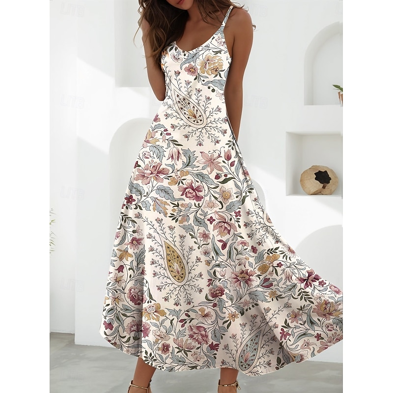 Women's Maxi Dress A Line Dress Slip Dress Vacation Casual Boho Party Going out Regular Fit Floral Graphic Sleeveless V Neck Blue Purple Brown Beige Summer Spring3