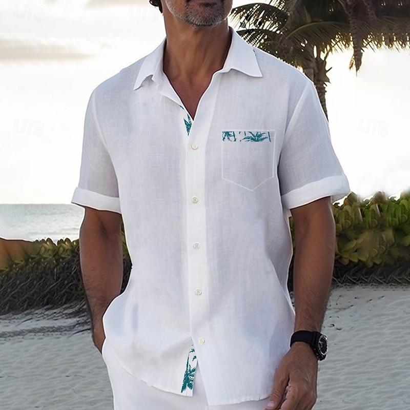 Men's Coconut Tree Linen Shirt Summer Shirt Button Up Shirt Short Sleeve Fashion Casual Vacation Holiday Beach Wear Summer Spring Turndown Collared Shirts Front One Pocket White Green