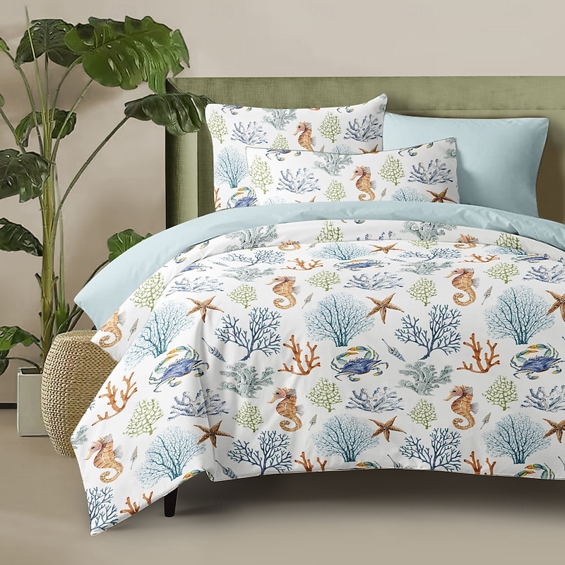 Summer Duvet Cover Set 100% Cotton Soft and Breathable Bedding Featuring Sea Creatures Lightweight and Durable Quilt Cover Comfortable for All Seasons Easy to Care3