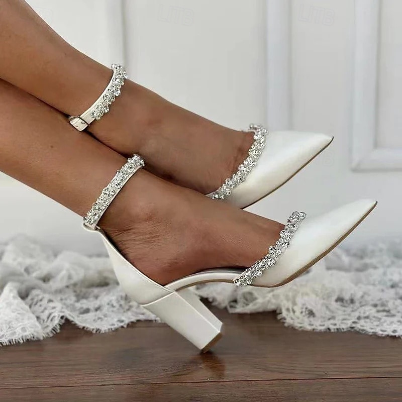 Women's White Block Heel Wedding Shoes – Pointed Toe with Rhinestone Embellished Ankle Straps, Elegant Bridal Footwear for Special Occasions4