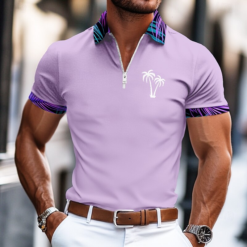 Men's Palm Tree Zip Polo Short Sleeve Turndown Vacation Casual Daily Sports & Outdoor Athleisure Casual Daily Zipper Summer Amethyst Pink Black