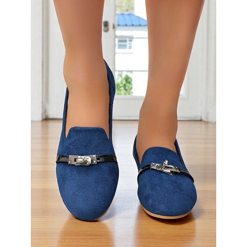 Women's Faux Suede Loafers - Stylish Flat Shoes with Patent Leather Buckle for Work & Casual Outfits2