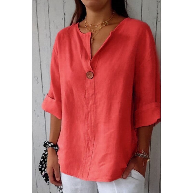 Women's Shirt Cotton Linen Shirt Blouse Plain Modern Casual 3/4 Length Sleeve V Neck Regular Tops Daily Going out Buttons Black White Red Navy Blue Green Summer2