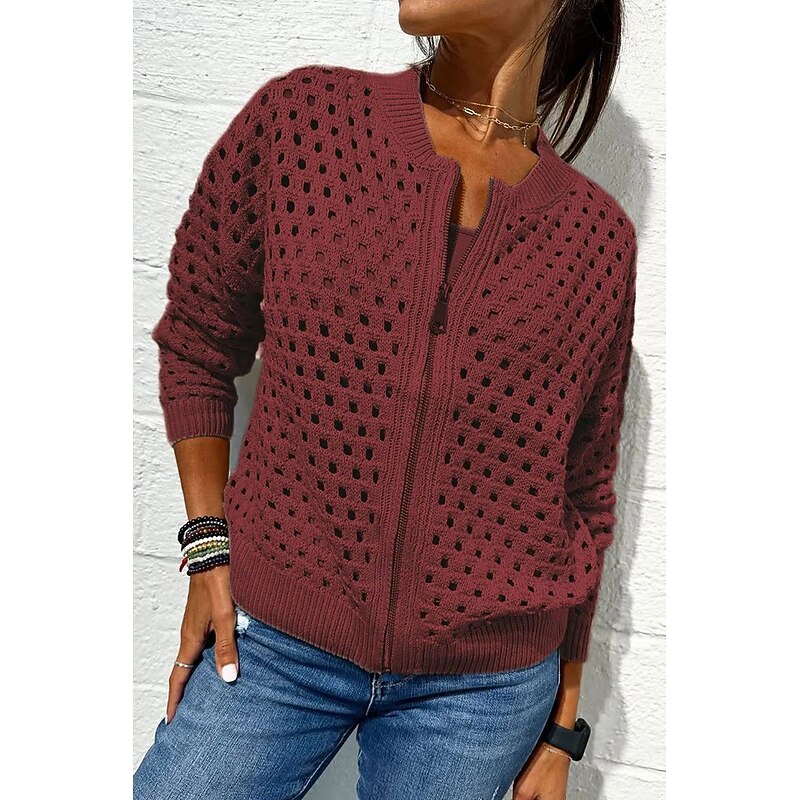 Women's Blouse Plain Basic Modern Long Sleeve Crew Neck Regular Tops Daily Holiday Going out Zipper Black White Pink Wine Army Green Summer4