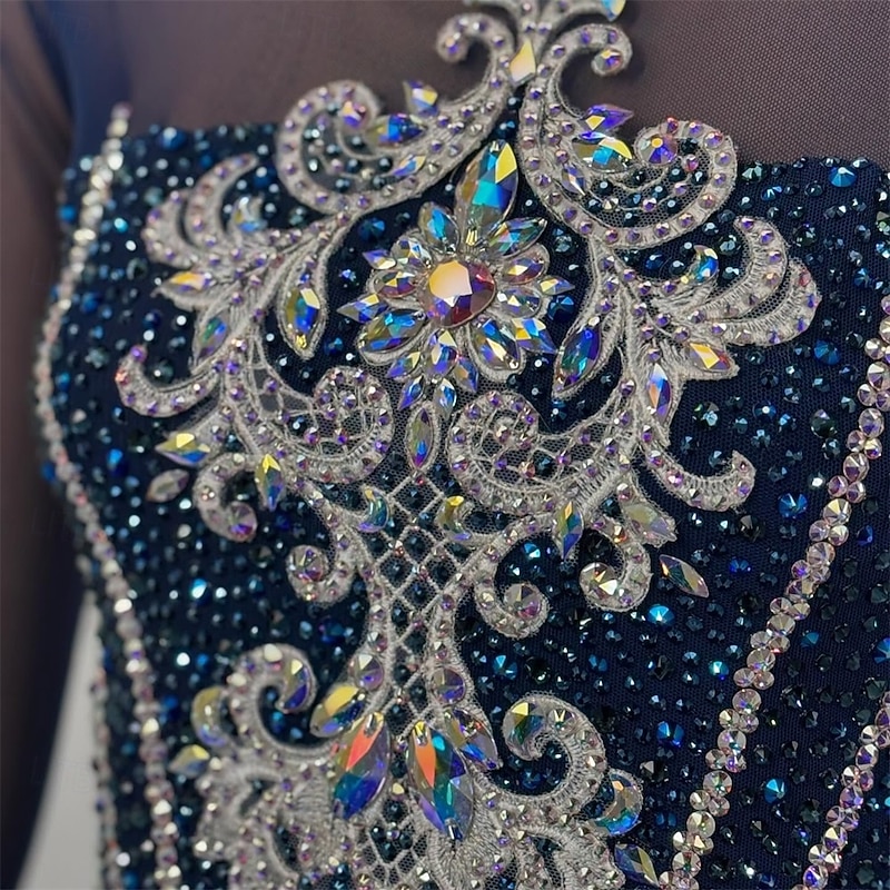 Figure Skating Dress Women's Girls' Ice Skating Dress Dark Navy Thumbhole Open Back Mesh High Elasticity Training Competition Skating Wear Classic Crystal / Rhinestone Long Sleeve Ice Skating Figure2