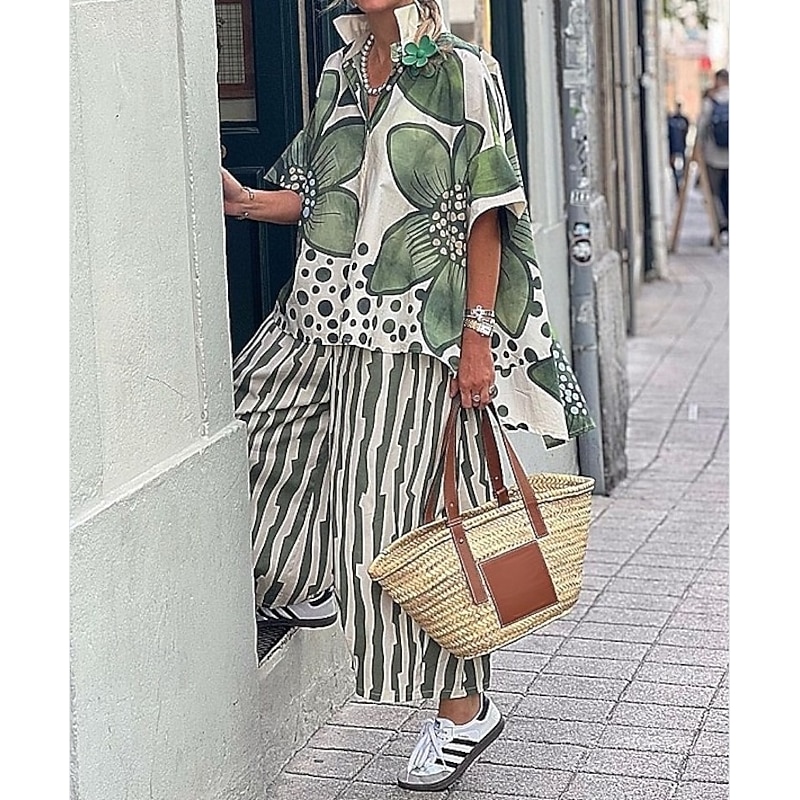 Women's EU / US Size Matching Sets Half Sleeve Bell Sleeve V Neck Printing Print Going out Casual Daily Red Blue Purple Summer Loose Fit3