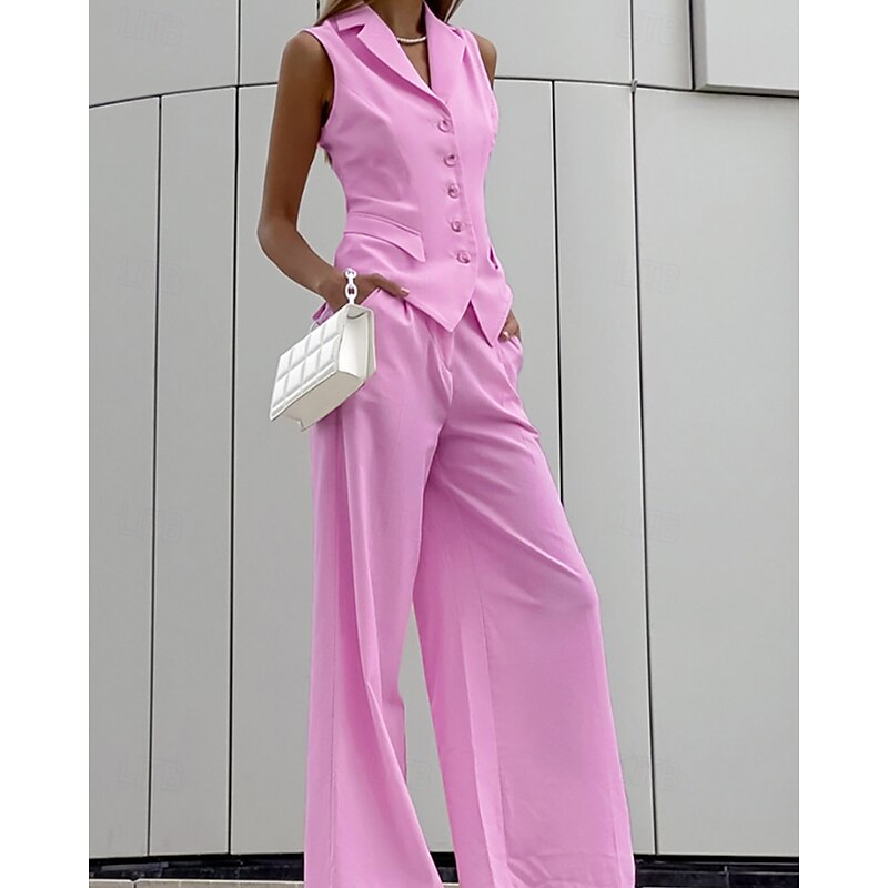 Women's Active Basic Cotton Linen Sets Vest Pants Sets Sleeveless Shirt Collar Solid Color Dubbele Rij Knopen Outdoor Date Pink Blue Summer Regular Fit