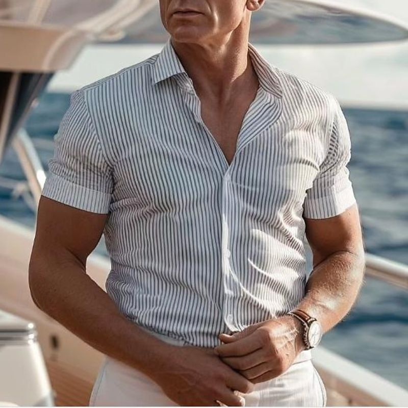Men's Beach Shirt Light Grey Short Sleeve Stripes Lapel Vacation Clothing Apparel Fashion Casual Comfortable