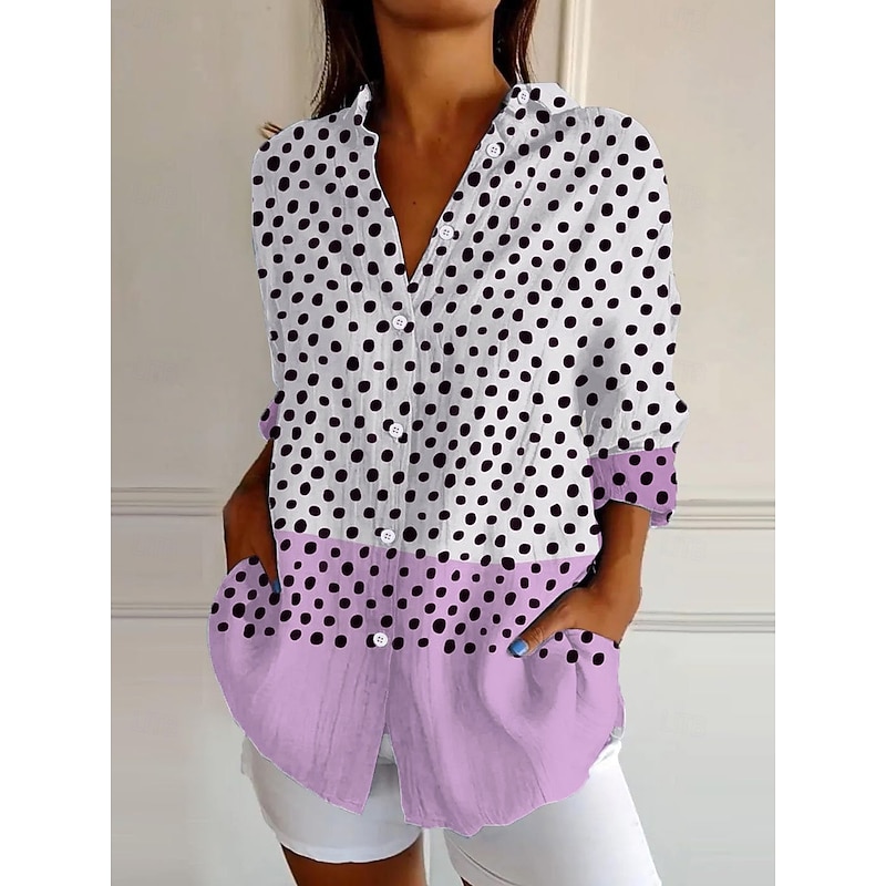 Women's Shirt Button Down Tunic Shirt Collar Long Sleeve Graphic Geometric Polka Dot Daily Stylish Short Sleeve Regular Tops Daily Sage Green Yellow Blue Purple Spring4