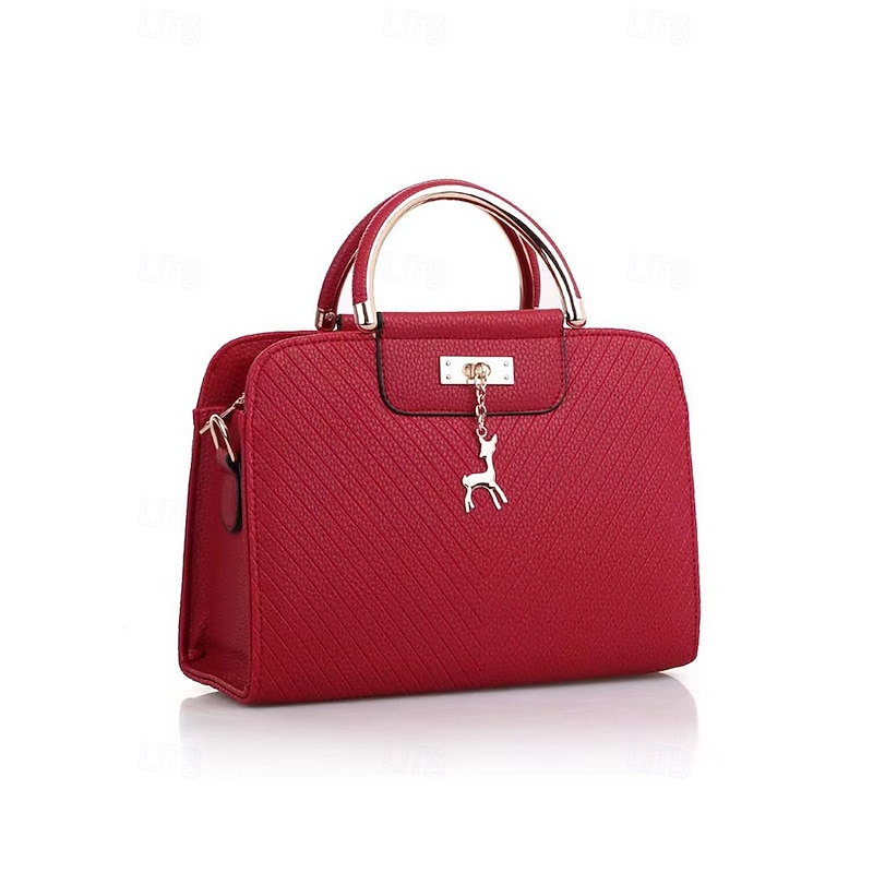 Women's Faux Leather Top Handle Tote Bag with Deer Charm - Elegant Structured Women's Shoulder Bag, Perfect for Mother's Day Gift, Work, Shopping and Casual Outings