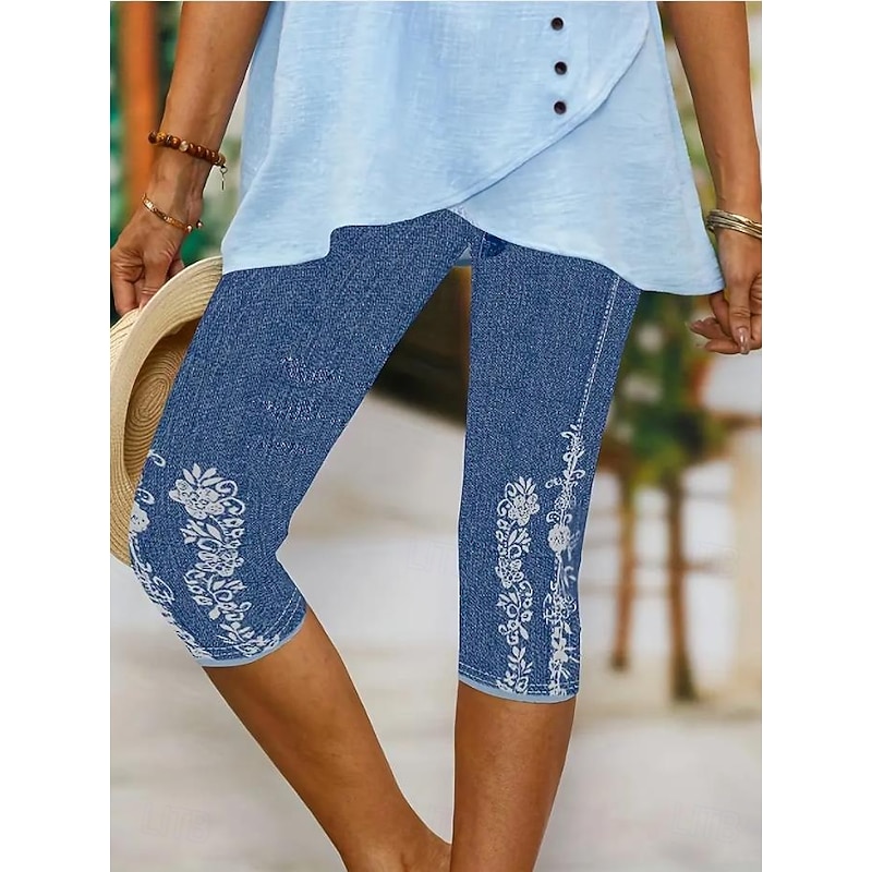 Women's Leggings Capri Pants High Elasticity Vacation Vintage Fashion Calf-Length Mid Waist Floral Graphic Printing Breathable Soft Stretchy Vacation Casual Daily Robin's Egg Blue Summer Spring