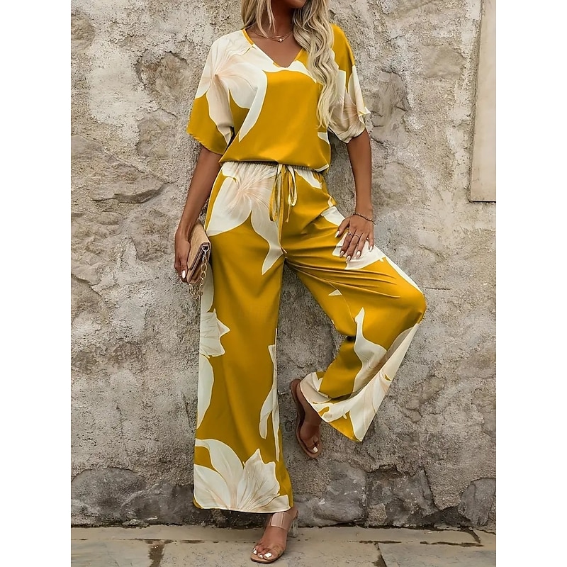 Women EU / US Size2 Pieces SetsFashion Pants Sets Half Sleeve Lantern Sleeve V Neck Graphic Print Casual Black Yellow Red Spring & Summer Loose Fit3