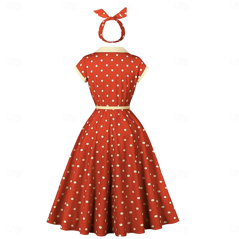 Retro Vintage 1950s Rockabilly Midi Swing Dress Flare Dress Shirt Dress Cap Sleeve Polka Dot Fancy Dress Women's Carnival Vacation Daily Wear Retro Theme Party Adults' Dress Headband Spring & Summer3