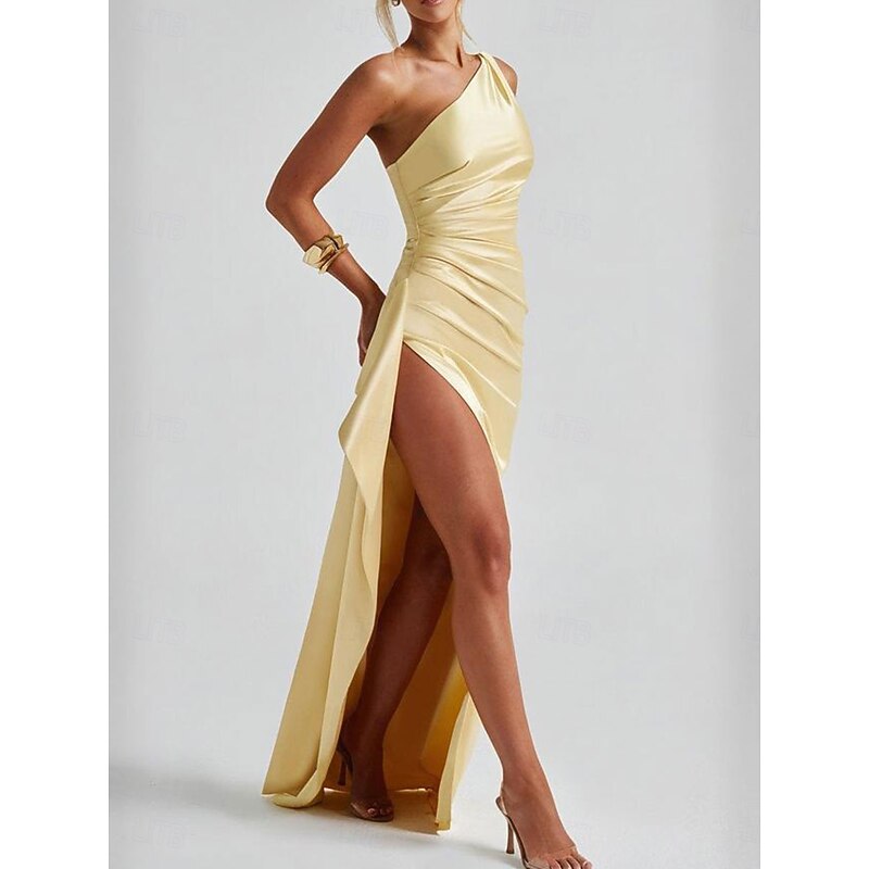 Mermaid / Trumpet Party Dresses Elegant Dress Wedding Wedding Guest Floor Length Sleeveless One Shoulder Satin with Ruched Details3