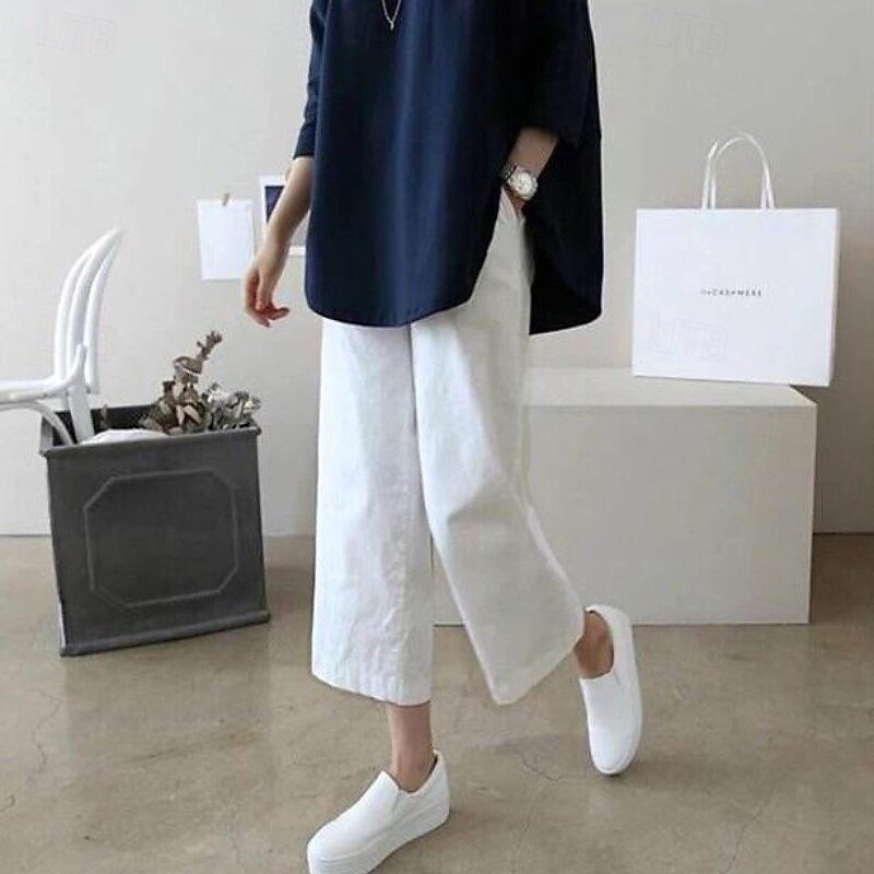 Women's Cotton Linen Pants Slacks Casual Ankle-Length Natural Plain Pocket Elastic Waist Comfy Outdoor Comfortable Outdoor Holiday Daily Wear Light Sky Blue Black White Pink Summer Regular Fit2