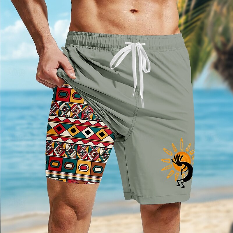 Men's Aztec Ethnic Kokopelli Lined Shorts 2 in 1 Board Shorts Swim Shorts Mid Waist Vintage Retro Holiday Beach Wear Side Pockets With Compression Liner Elastic Drawstring Waist Designer Clothing
