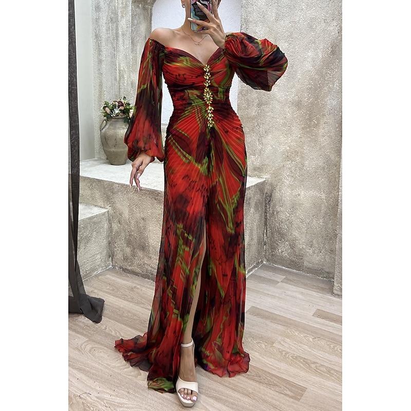 Women's Long Dress Maxi Dress Party Dress Cocktail Dress Floral Dress Fashion Party Evening Party Date Regular Fit Flower Long Sleeve V Neck Yellow Wine Blue Green Summer3