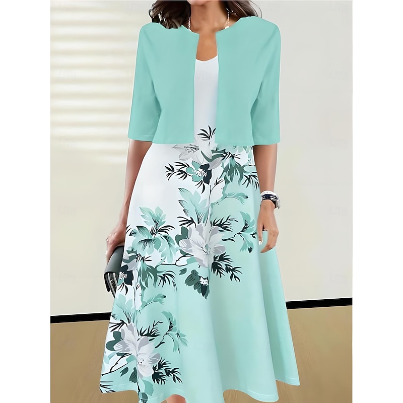 Women's Two Piece Dress Sets Midi Dress with Jacket Elegant A Line Dress Half Sleeve Party Cocktail Floral Print V Neck Wedding Guest Daily Blue Green Regular Fit