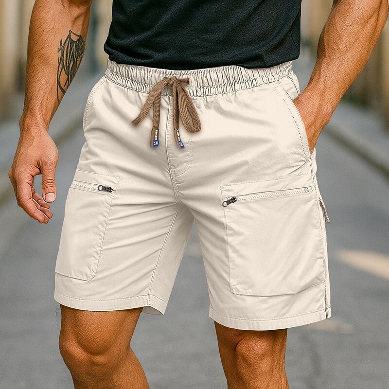 Men's Cargo Shorts Outdoor Shorts Shorts Beach Shorts Running Shorts Elastic Waist Zipper Pocket 6 Pocket Plain Quick Dry Moisture Wicking Knee Length Outdoor Casual Daily Vacation Fashion Black White