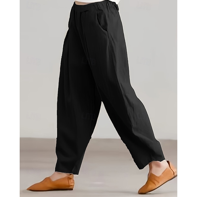 Women's Cotton Linen Pants Harem Pants Fashion Streetwear Comfort Full Length Mid Waist Plain Pocket Elastic Waist Comfy Outdoor Comfortable Street Daily Wear Going out Apricot Black Summer Spring4