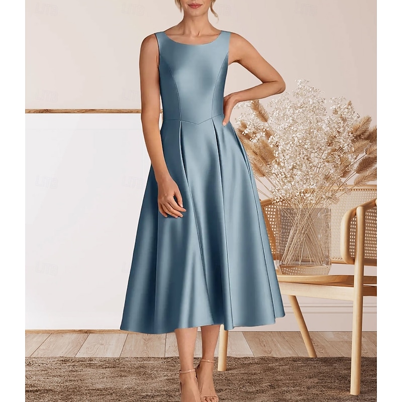 A-Line Cocktail Dresses Elegant Dress Homecoming Cocktail Party Tea Length Sleeveless Crew Neck Satin with Pleats
