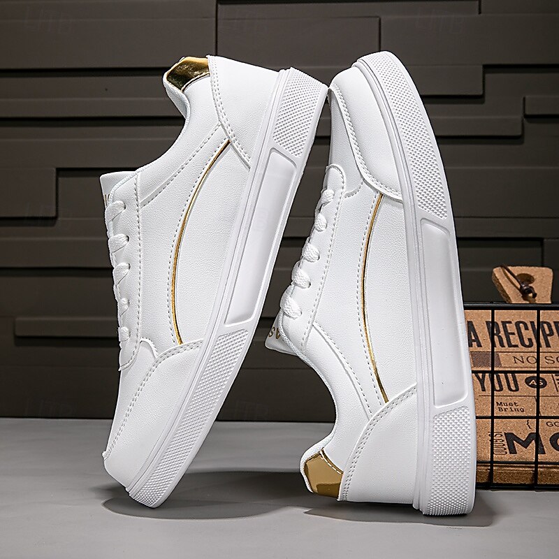 Men's White Sneakers - Faux Leather Material with Gold Accents, Stylish Design for Daily Wear and Casual Events2